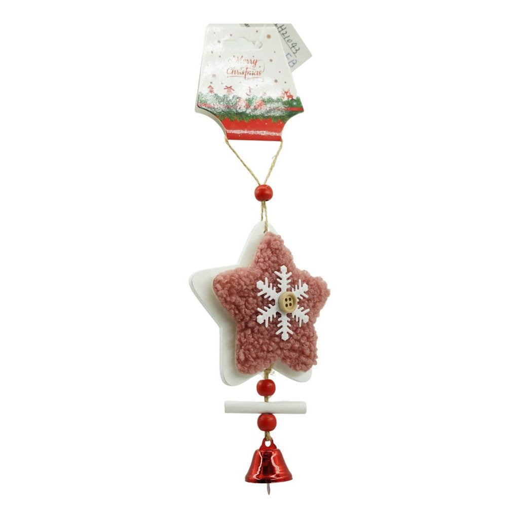 Ornament Brad Craciun sub Forma de Inima, Decoratiune Suspendata cu Broderie, Stea si Clopotel, Lemn si Textil, 18 x 9.5 cm, Roz/Alb