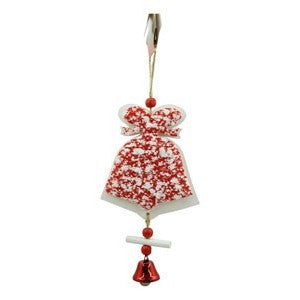 Ornament de Brad Clopotel, Decoratiune Craciun cu Broderie Tweed si Lemn, Pandantiv Agatabil, Alb si Roz, 18 x 9.5 cm