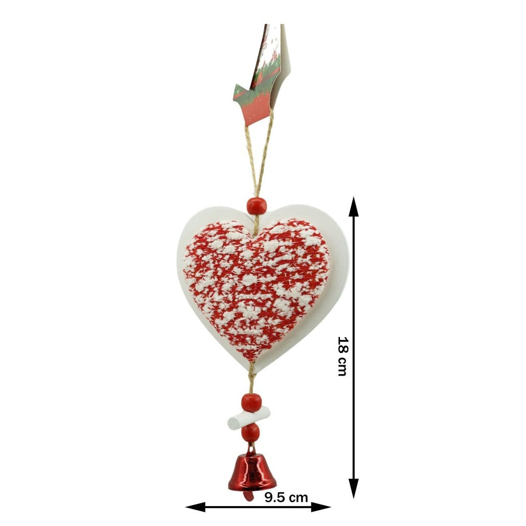 Ornament De Brad Inima, Decoratiune Craciun Cu Clopotel Si Agatatoare, Textil Tip Tweed Si Lemn, Alb Si Rosu, 18 x 9.5 cm