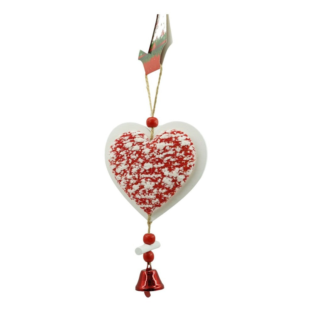 Ornament De Brad Inima, Decoratiune Craciun Cu Clopotel Si Agatatoare, Textil Tip Tweed Si Lemn, Alb Si Rosu, 18 x 9.5 cm