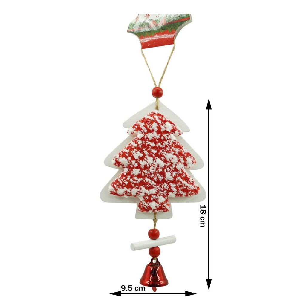 Ornament Brad Craciun Model Bradut, Decoratiune Suspendata cu Clopotel, Textil Tweed si Lemn, Alb si Rosu, 18 x 9.5 cm