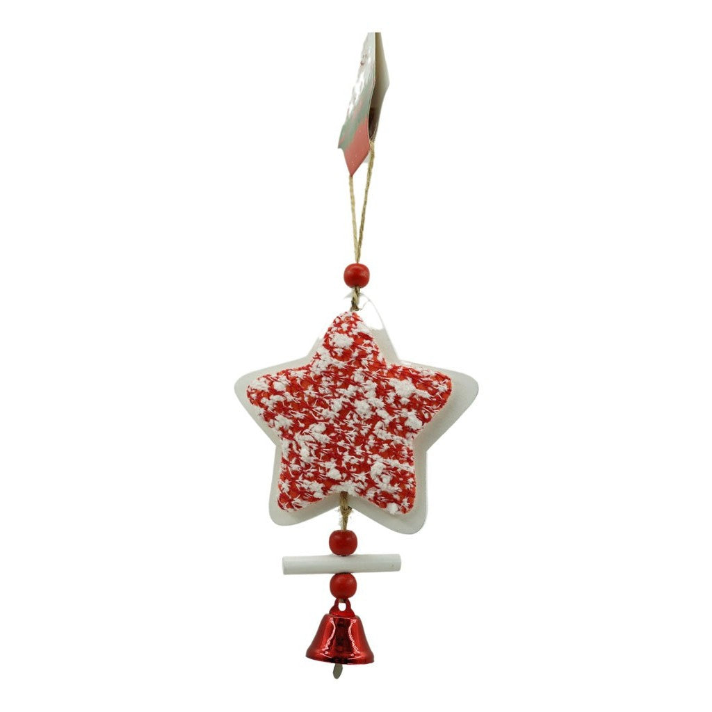 Decoratiune Craciun Stea Pentru Brad, Ornament Suspendabil cu Clopotel si Detalii Tweed, Lemn si Textil, 18 x 9.5 cm, Alb si Rosu