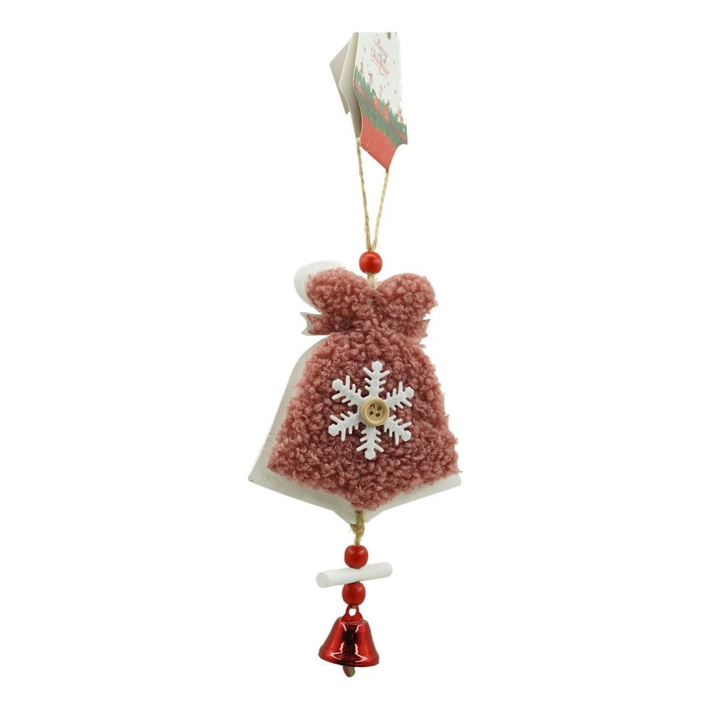 Decoratiune de Craciun Tip Clopotel cu Broderie, Ornament Suspendabil pentru Brad, Lemn si Textil, 18 x 9.5 cm, Roz cu Alb