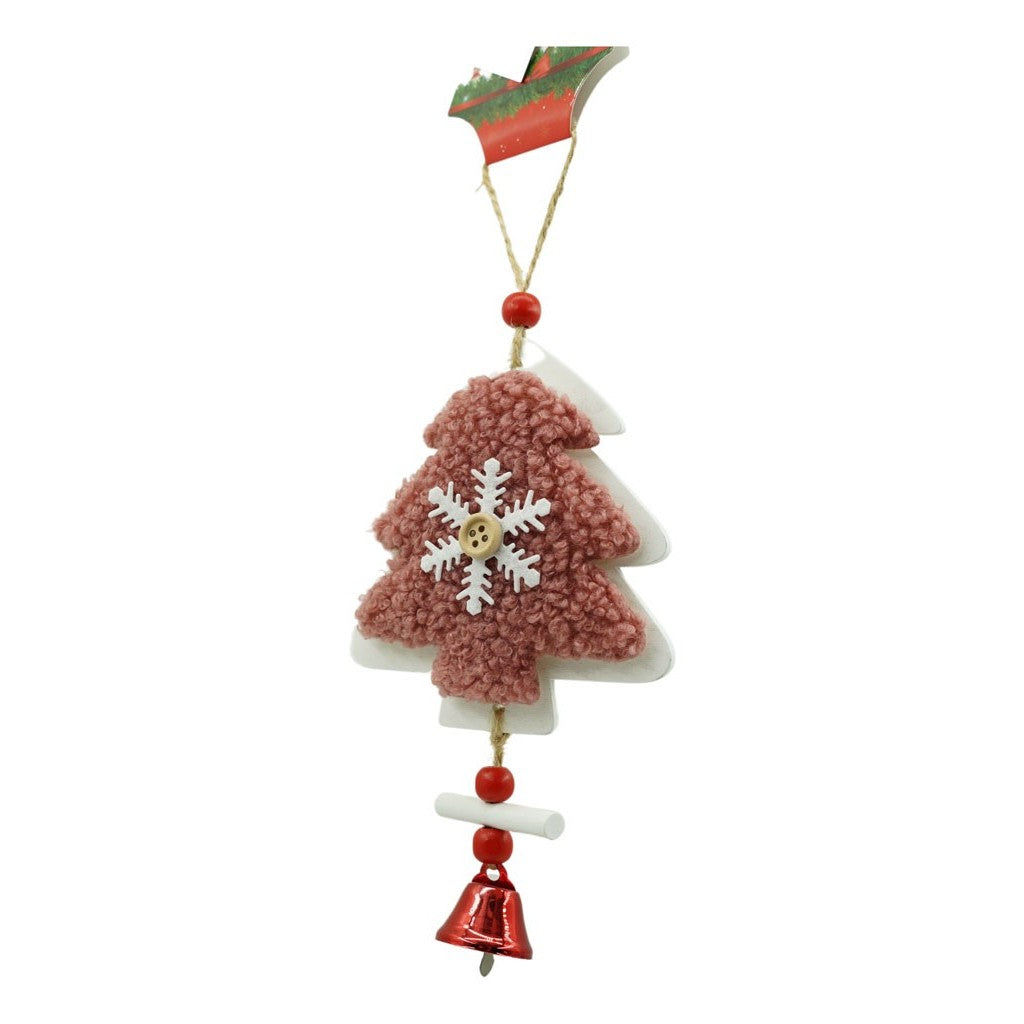 Ornament Brad Craciun cu Broderie si Clopotel, Decoratiune Suspendabila, Lemn si Textil, Roz si Alb, 18 x 9.5 cm