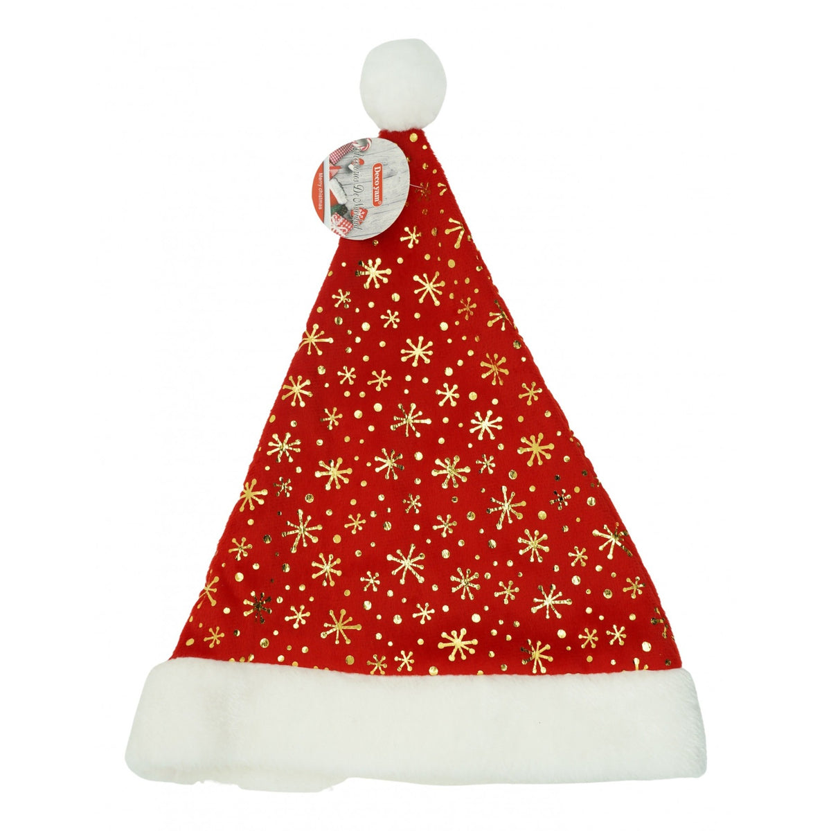 Caciula de Mos Craciun cu Ornament Auriu Fulg de Nea, Caciulita de Sarbatori, Material Textil Catifelat, Rosu, Marime Universala