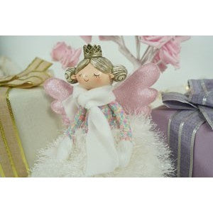 Decoratiune Ingeras de Craciun, Ornament Figurina pentru Brad sau Geam, Aripi Roz si Rochie Alba, Material Textil Moale, Inaltime 26 cm