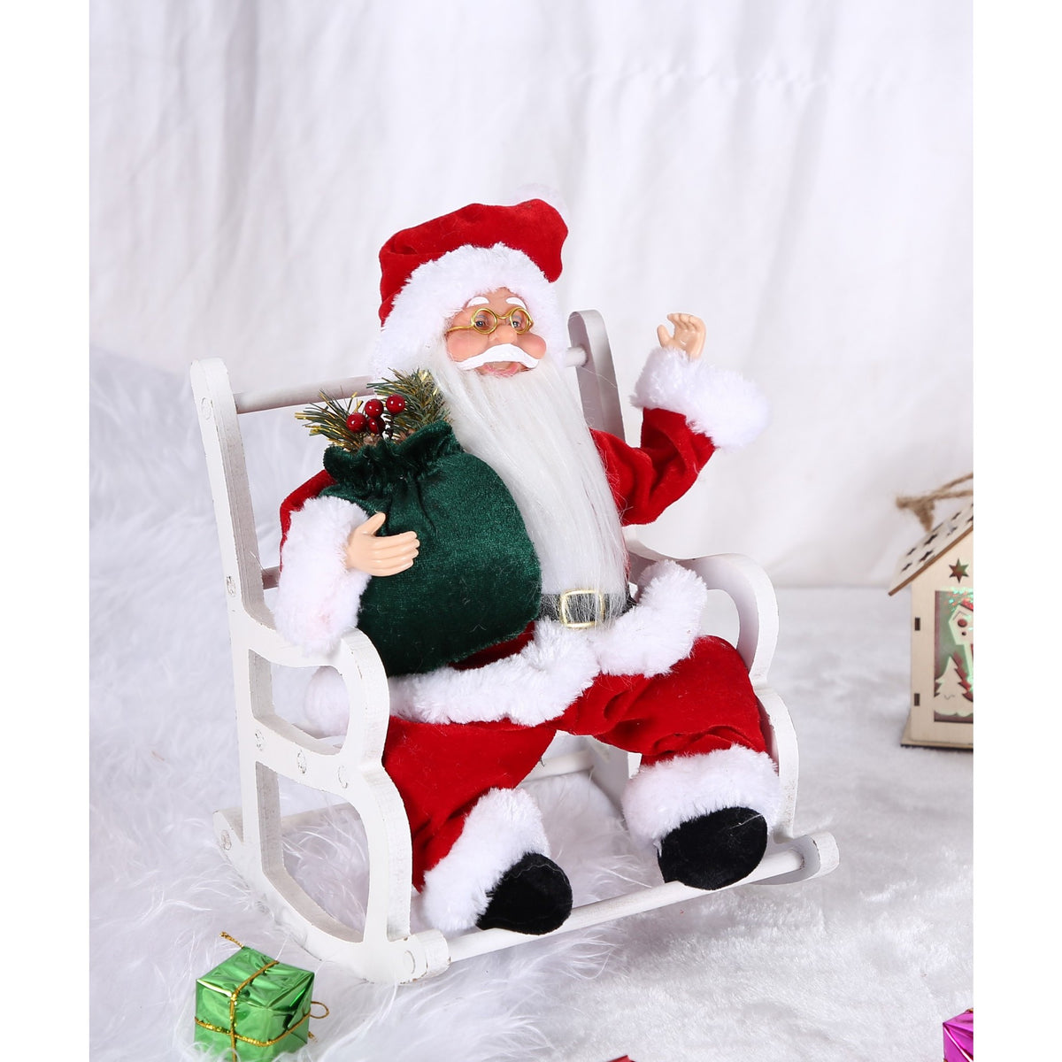 Figurină Decorativă Moș Crăciun, Jucărie Festivă Interior și Exterior, Lână și Pluș Moale, 30 cm x 18 cm x 18 cm