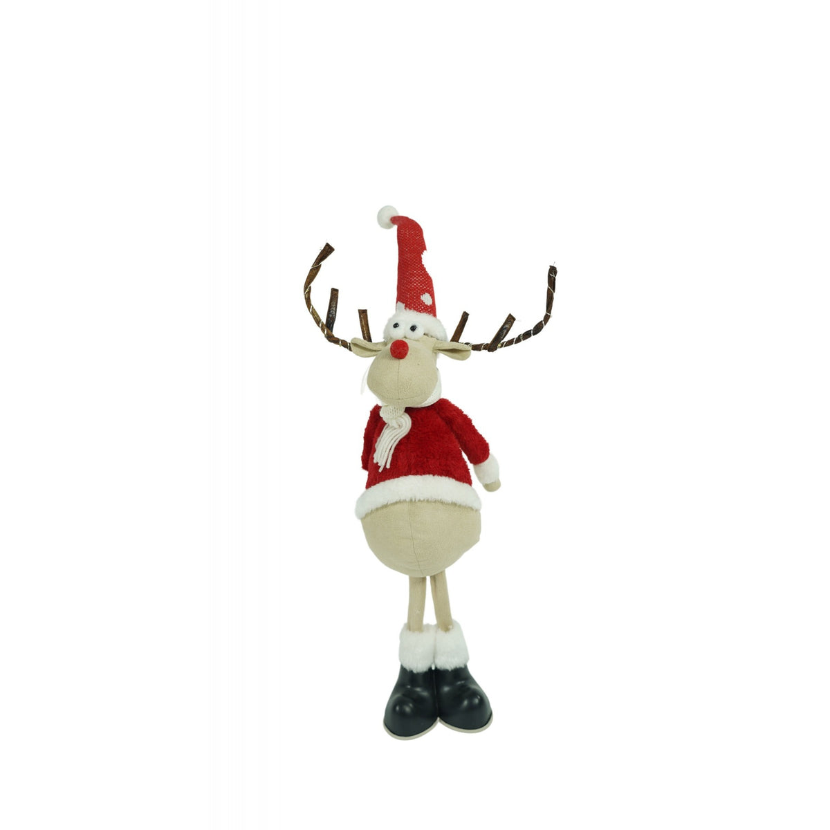 Decoratiune de Craciun Ren cu Coarne Luminoase, Figurina Textila Stil Mos Craciun, Material Moale, Rosu si Alb, 55 cm