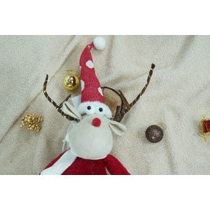 Decoratiune de Craciun Ren cu Coarne Luminoase, Figurina Textila Stil Mos Craciun, Material Moale, Rosu si Alb, 55 cm