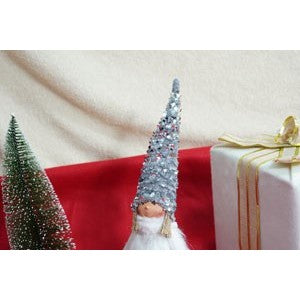 Decoratiune Craciun Ingeras, Figurina Fetita cu Paiete si Caciula Modelabila, Statueta pentru Sezut, Material Textil Moale, Alb si Gri, 58 cm