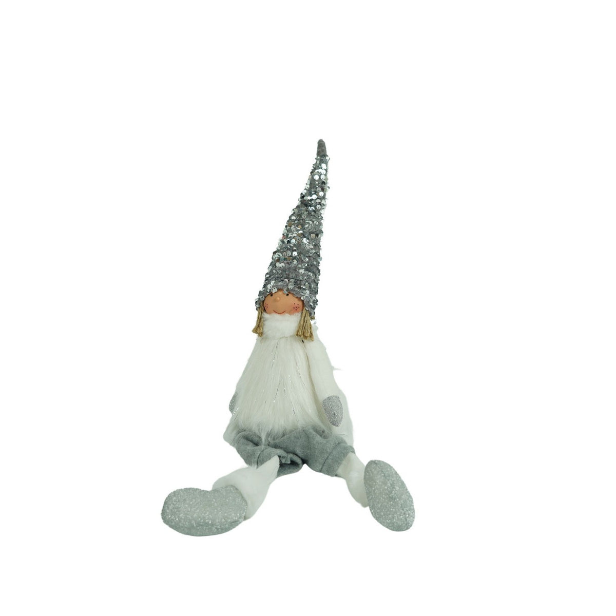 Decoratiune Craciun Ingeras, Figurina Fetita cu Paiete si Caciula Modelabila, Statueta pentru Sezut, Material Textil Moale, Alb si Gri, 58 cm