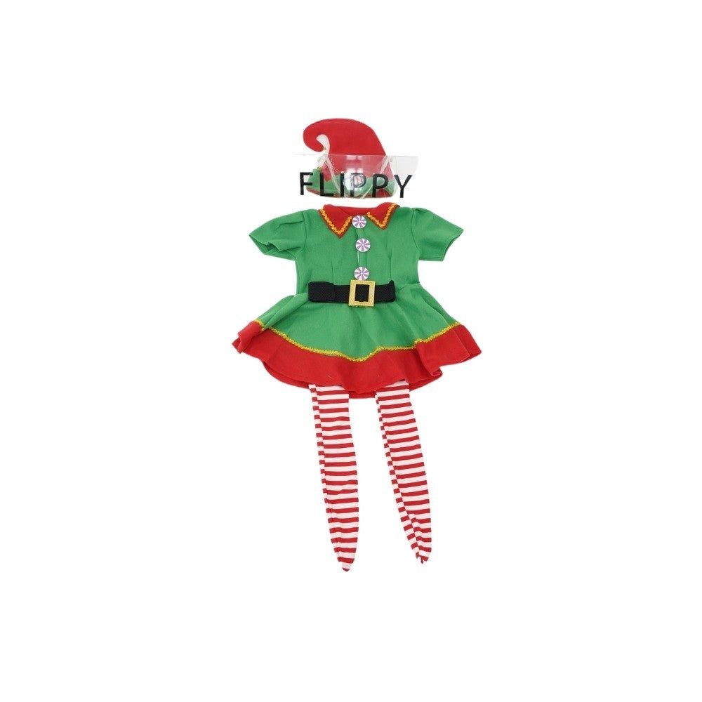 Costum Spiridus pentru Fete, Rochita cu Fes si Sosete Lungi, Poliester, Verde, Marime 1-3 Ani