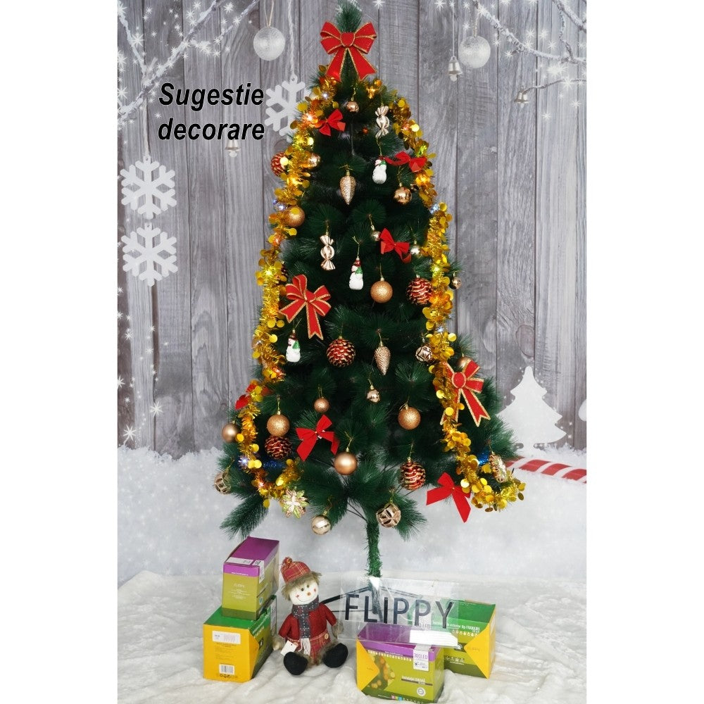 Brad Artificial de Craciun Tip Pin, Model Clasic Interior si Exterior, Ace 2D, Suport Metalic Inclus, Inaltime 120 cm, Verde