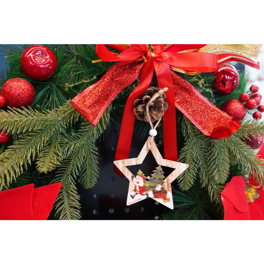 Ornament De Brad Stea Cu Mos Craciun, Decoratiune De Craciun Suspendata, Lemn, Multicolor, 9.9 x 9.5 cm