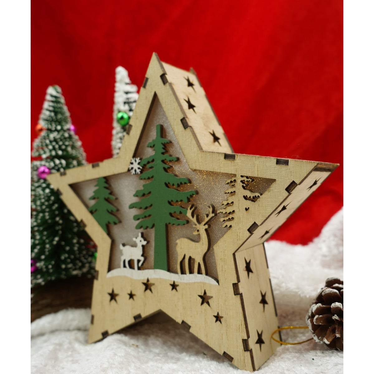 Decoratiune Luminoasa de Craciun, Model Stea cu Reni, Lemn Natural, 1 LED, Interior si Exterior, Maro, 18 x 18 x 4 cm