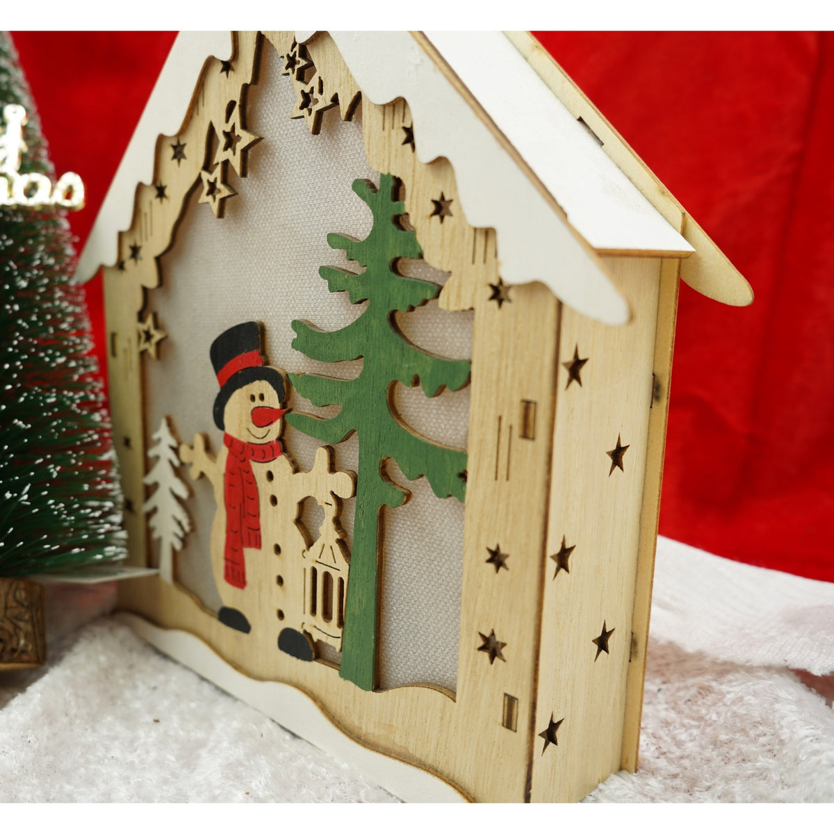 Decorațiune Luminoasă Casă Cu Om De Zăpadă, Ornament Crăciun Cu LED, Lemn, Maro, 18 x 5 x 21 cm