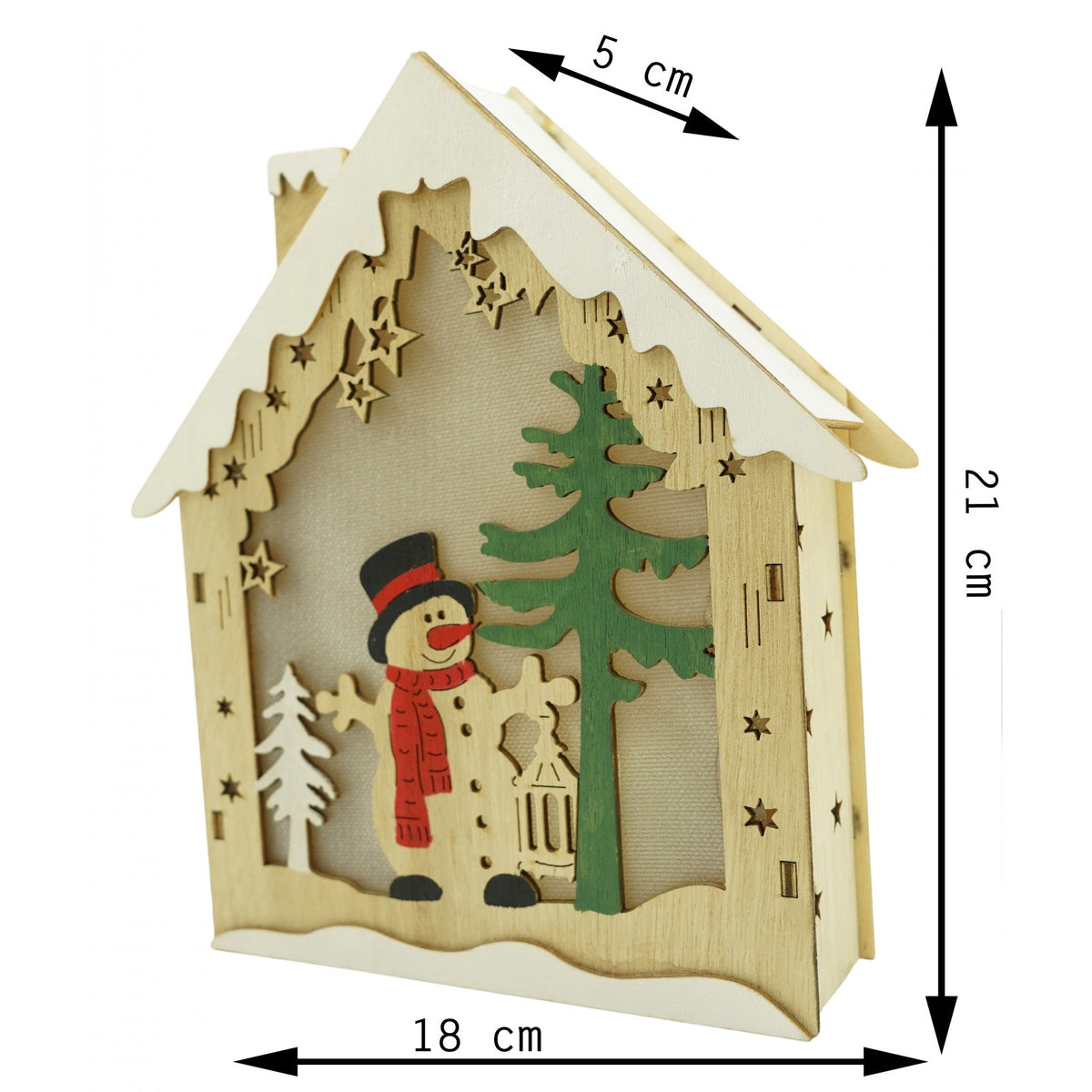 Decorațiune Luminoasă Casă Cu Om De Zăpadă, Ornament Crăciun Cu LED, Lemn, Maro, 18 x 5 x 21 cm
