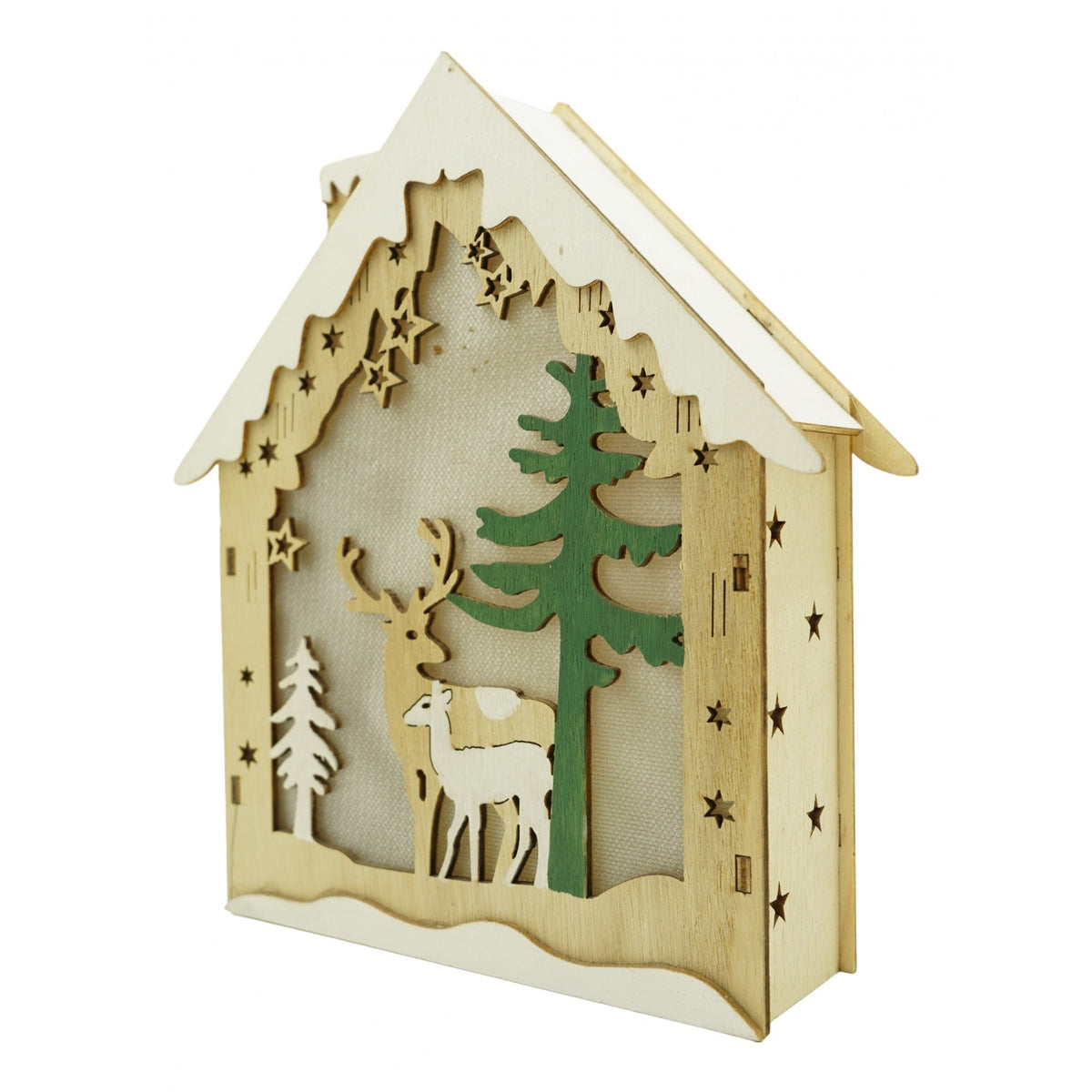 Decoratiune Craciun Casuta cu Reni, Figurina Luminoasa din Lemn, Ornament Festiv pentru Interior si Exterior, Maro, 18 x 5 x 21 cm