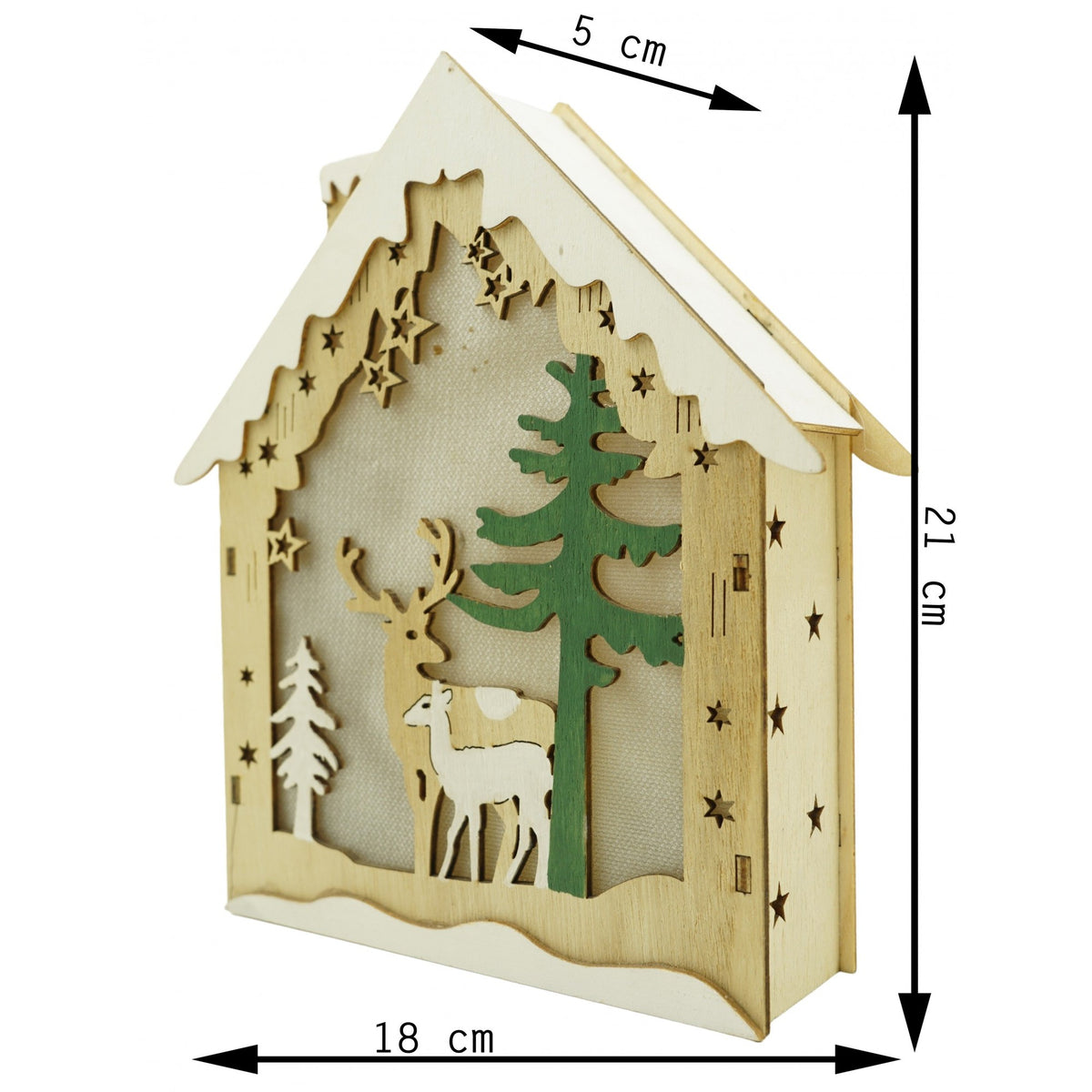 Decoratiune Craciun Casuta cu Reni, Figurina Luminoasa din Lemn, Ornament Festiv pentru Interior si Exterior, Maro, 18 x 5 x 21 cm