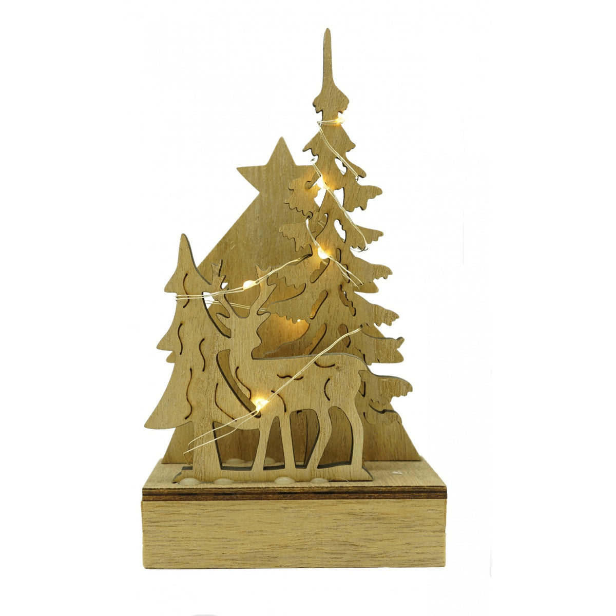 Decoratiune Luminoasa de Craciun, Peisaj de Iarna cu LED, Lemn Natural, Interior si Exterior, Maro, 19 x 11 x 5 cm