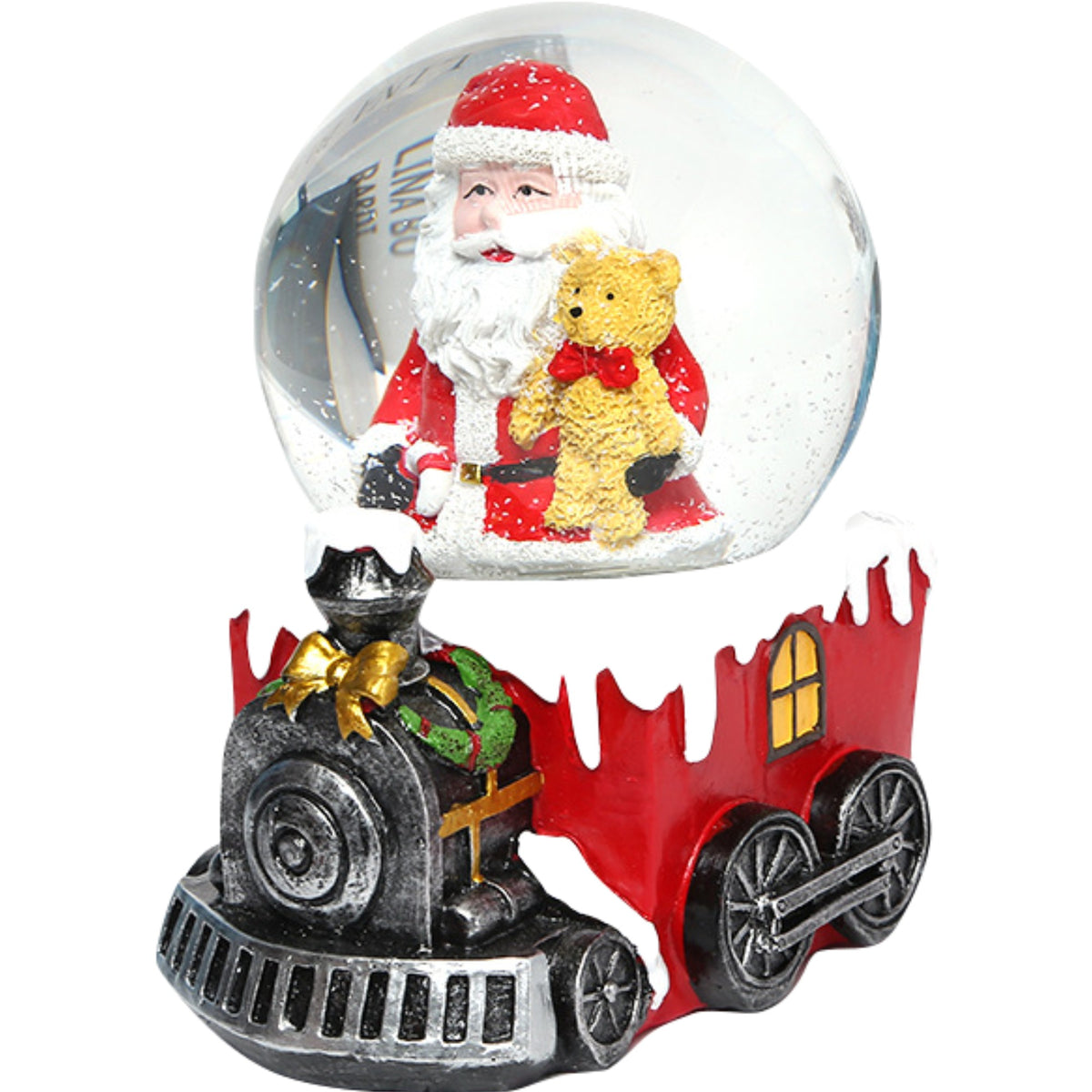 Glob Muzical Cu Zapada Si Lumina LED, Mos Craciun Pe Tren, Decoratiune De Craciun Din Sticla Si Rasina, 9 x 10 cm, Multicolor