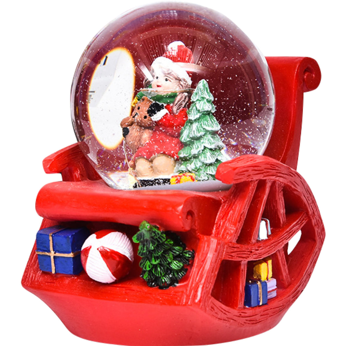 Glob Muzical de Craciun cu Zapada, Lumini LED si Muzica, Design Mos Craciun pe Scaun, 13 cm, Multicolor