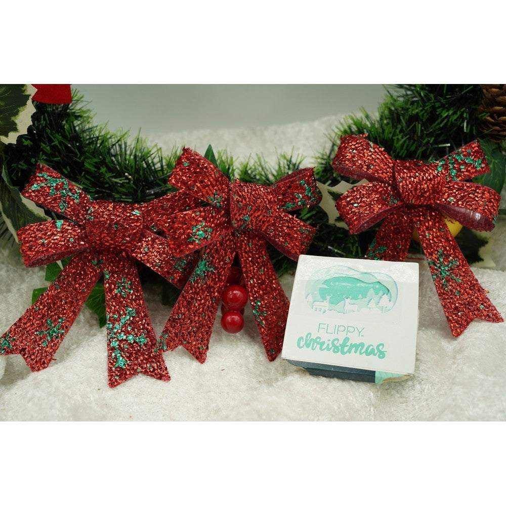 Set 3 Fundițe Decorative pentru Brad de Crăciun, Model Fulgi de Nea cu Sclipici, Poliester, 8 x 12 cm, Roșu
