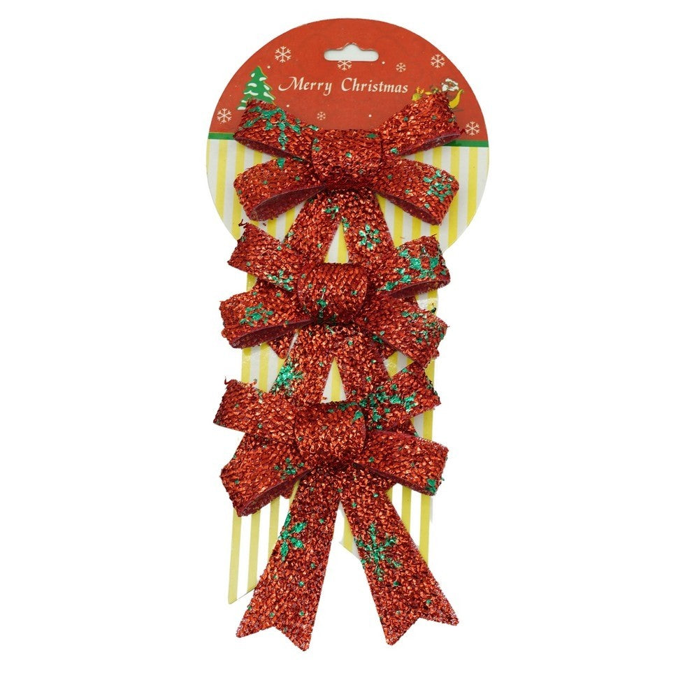 Set 3 Fundițe Decorative pentru Brad de Crăciun, Model Fulgi de Nea cu Sclipici, Poliester, 8 x 12 cm, Roșu