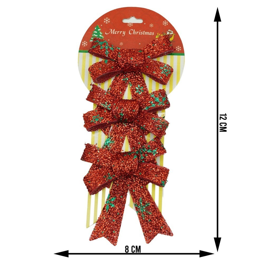 Set 3 Fundițe Decorative pentru Brad de Crăciun, Model Fulgi de Nea cu Sclipici, Poliester, 8 x 12 cm, Roșu