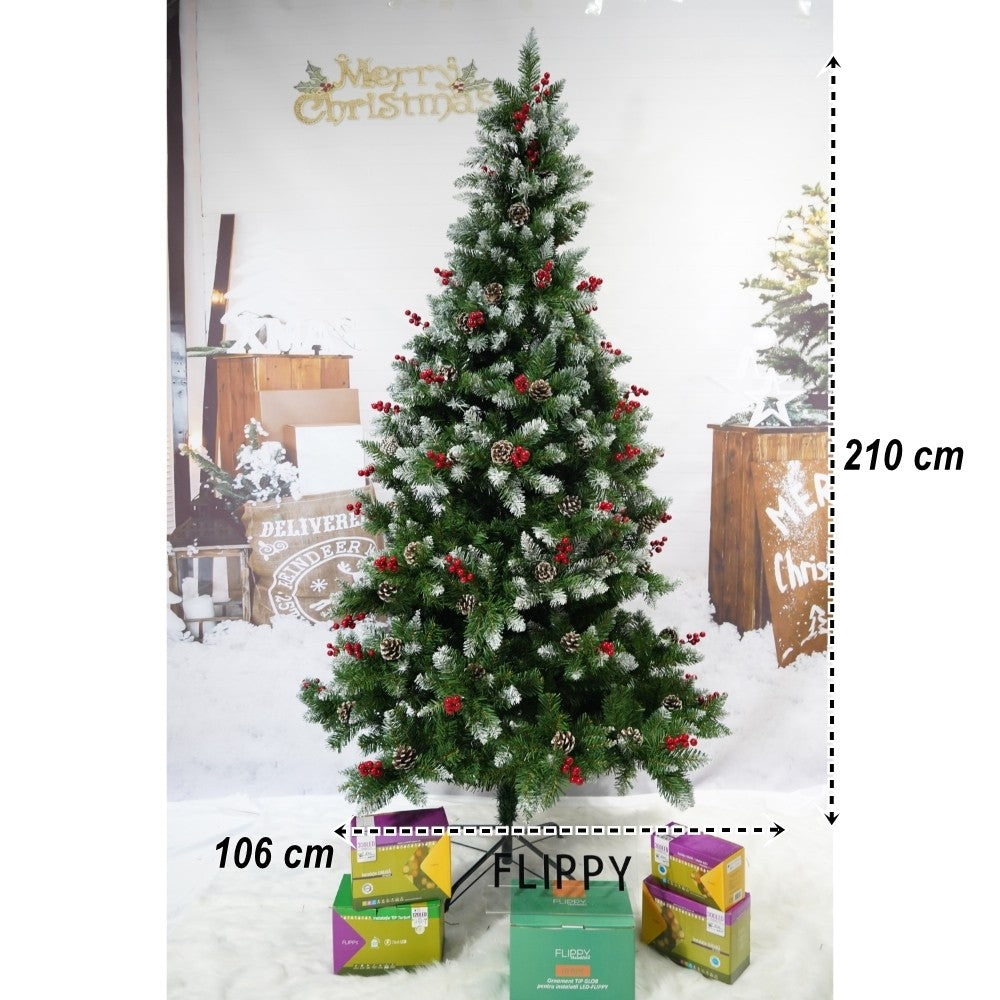 Brad Artificial de Craciun Nins, Ace 2D Aspect Natural cu Conuri de Pin, Verde, 643 Ramuri, Suport Metalic, Inaltime 210 cm, Diametru 106 cm