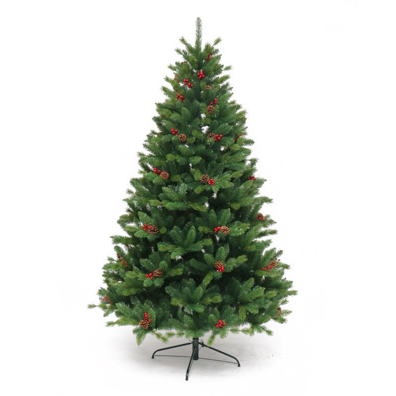Brad Artificial de Craciun Bogat, Decorat cu Conuri de Pin Rosii, Ace Aspect Natural PE si PVC, 1652 Ramuri, Suport Metalic Inclus, Inaltime 240 cm, Verde