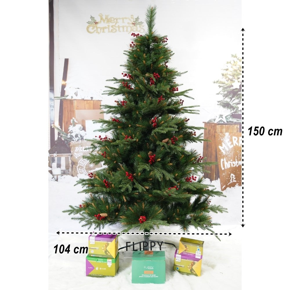 Brad Artificial de Crăciun cu Conuri de Pin Roșii, Aspect Natural, 323 Ramuri, PVC, Verde, Înălțime 150 cm, Diametru 104 cm, Suport Metalic Inclus