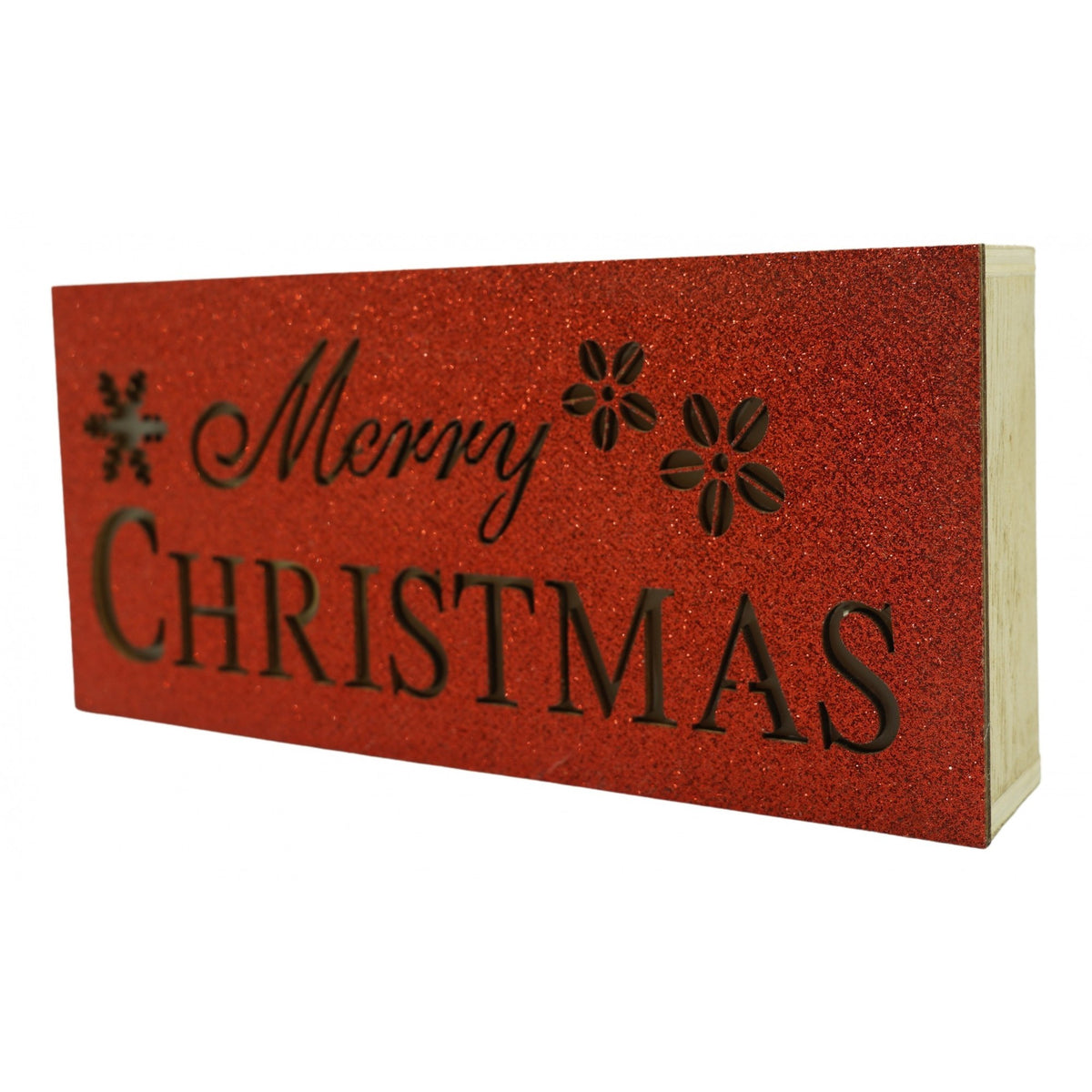 Decoratiune Luminoasa Craciun, Mesaj Merry Christmas, Lemn, Interior si Exterior, Rosu, 19 x 9 x 4 cm
