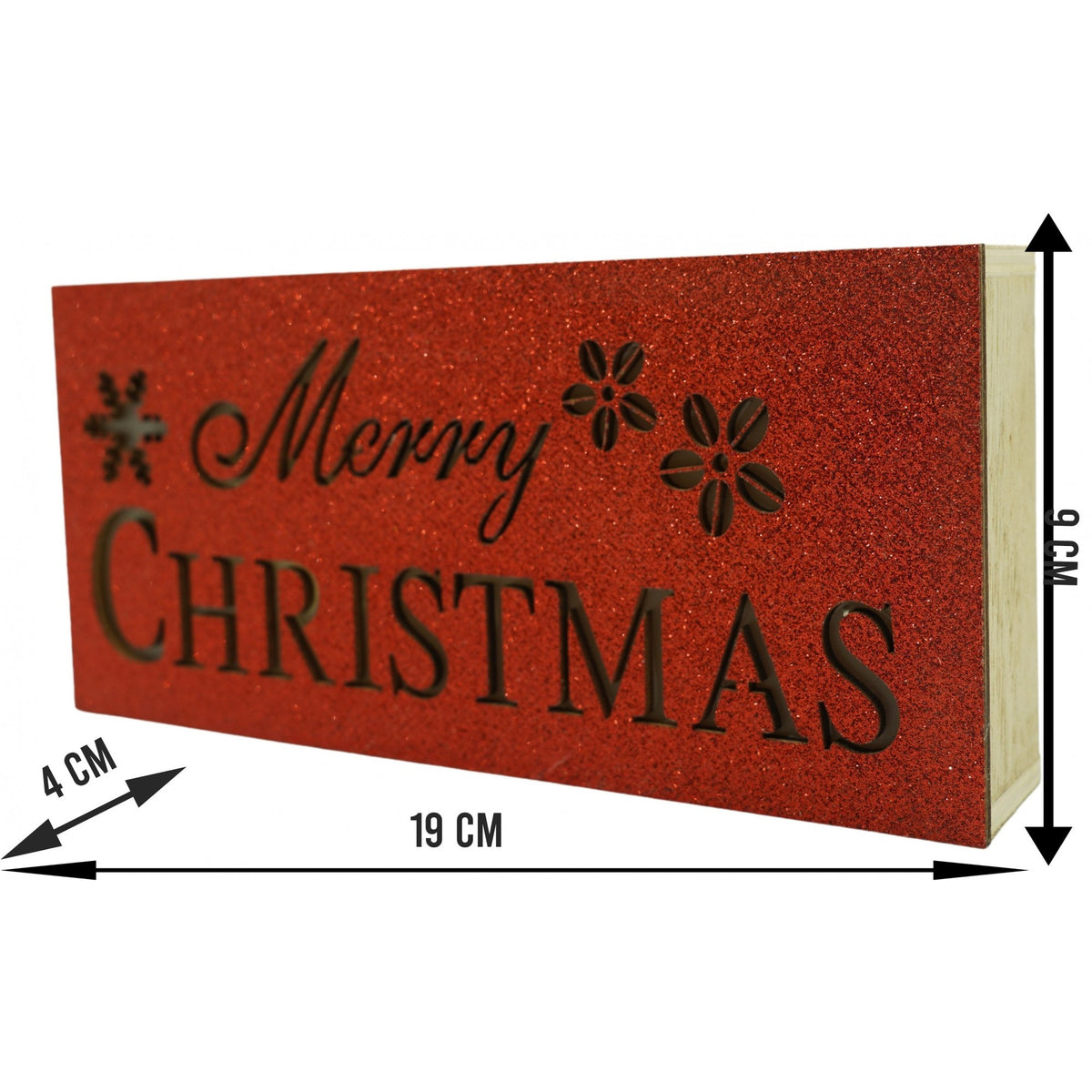 Decoratiune Luminoasa Craciun, Mesaj Merry Christmas, Lemn, Interior si Exterior, Rosu, 19 x 9 x 4 cm