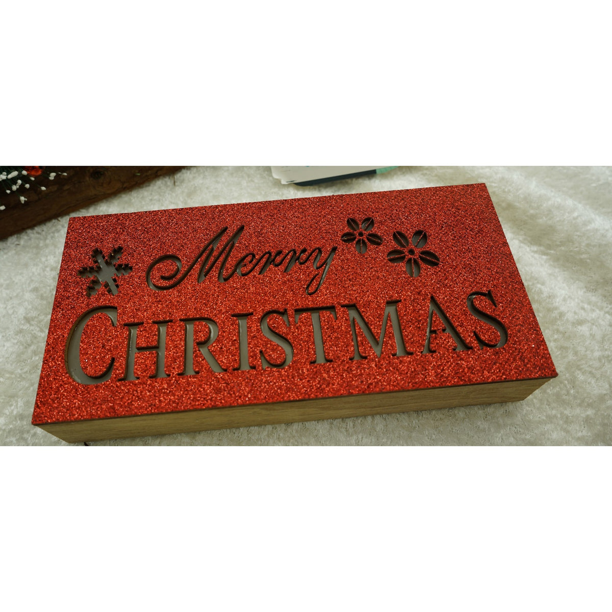 Decoratiune Luminoasa Craciun, Mesaj Merry Christmas, Lemn, Interior si Exterior, Rosu, 19 x 9 x 4 cm