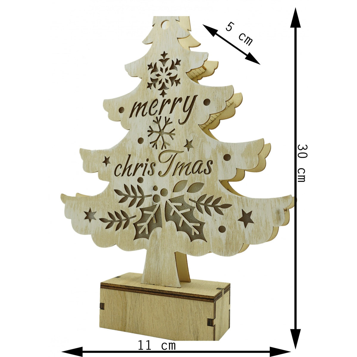 Decoratiune Luminoasa in Forma de Brad, Inscriptie Merry Christmas, Lemn, Alb, 11 x 5 x 30 cm