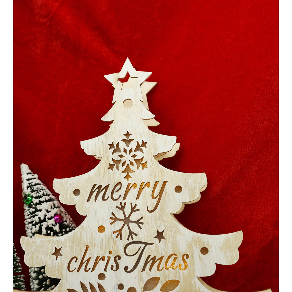 Decoratiune Luminoasa in Forma de Brad, Inscriptie Merry Christmas, Lemn, Alb, 11 x 5 x 30 cm
