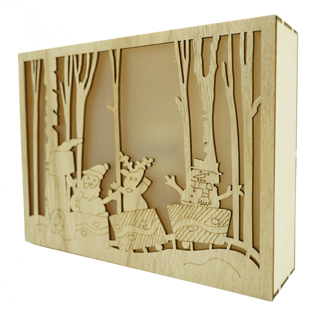 Decoratiune Luminoasa de Craciun, Peisaj de Iarna cu Mos Craciun, Lemn Natural, 21 x 5 x 16 cm, Maro