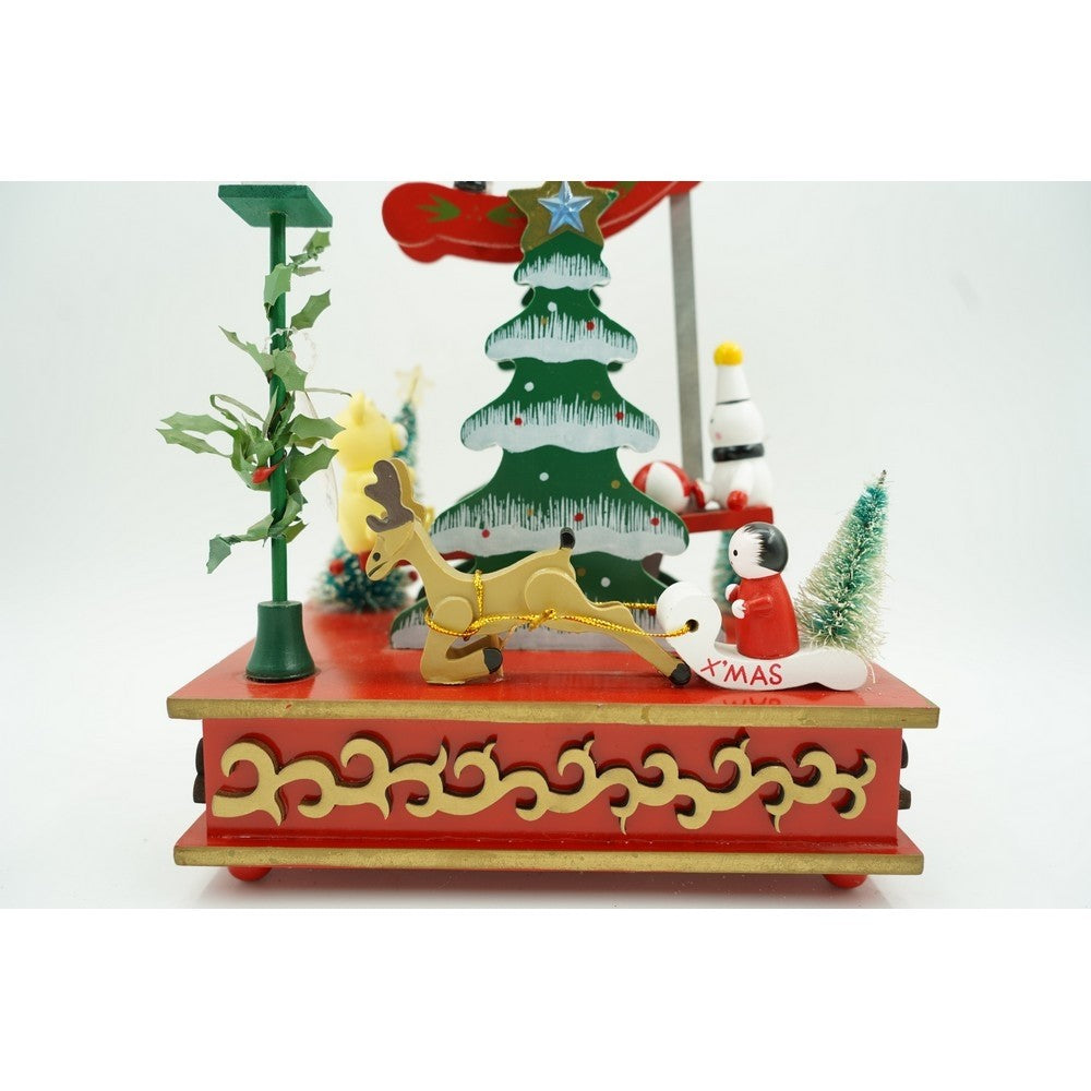 Cutiuta Muzicala Decorativa de Craciun, Scena Festiva cu Mecanism Rotativ, Lemn, Multicolor, 17 x 27.5 cm