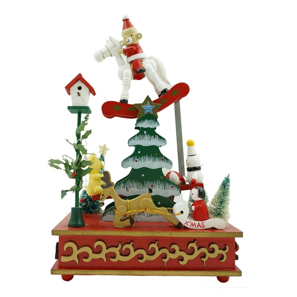 Cutiuta Muzicala Decorativa de Craciun, Scena Festiva cu Mecanism Rotativ, Lemn, Multicolor, 17 x 27.5 cm