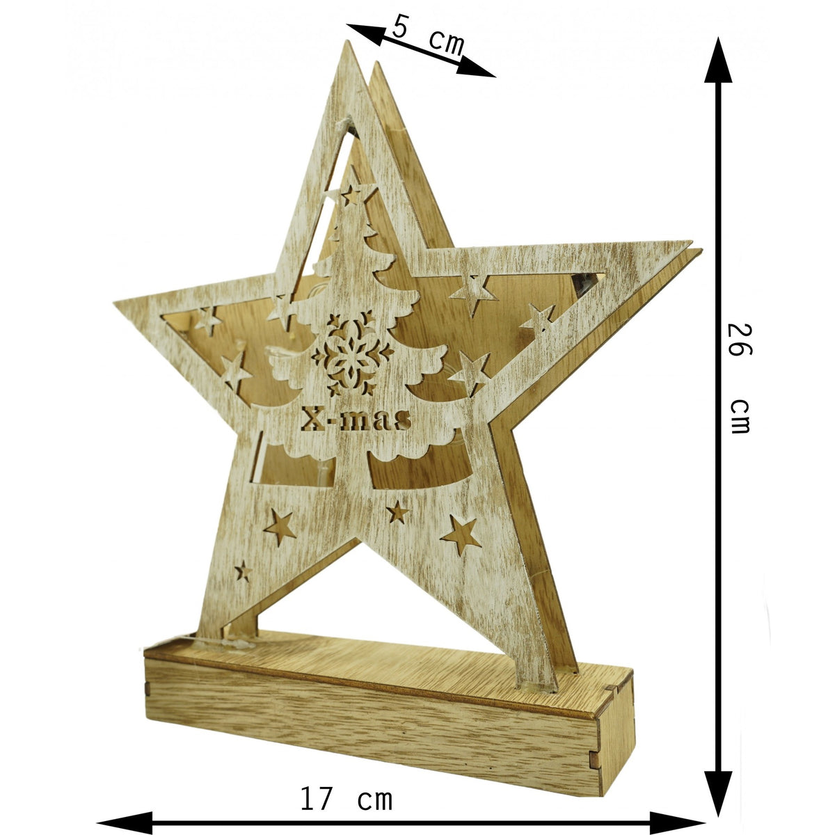Decoratiune Luminoasa de Craciun, Model Stea cu Brad si Inscriptie Merry Christmas, Lemn Natur, Lumina Alba Calda, 19 x 5 x 26 cm