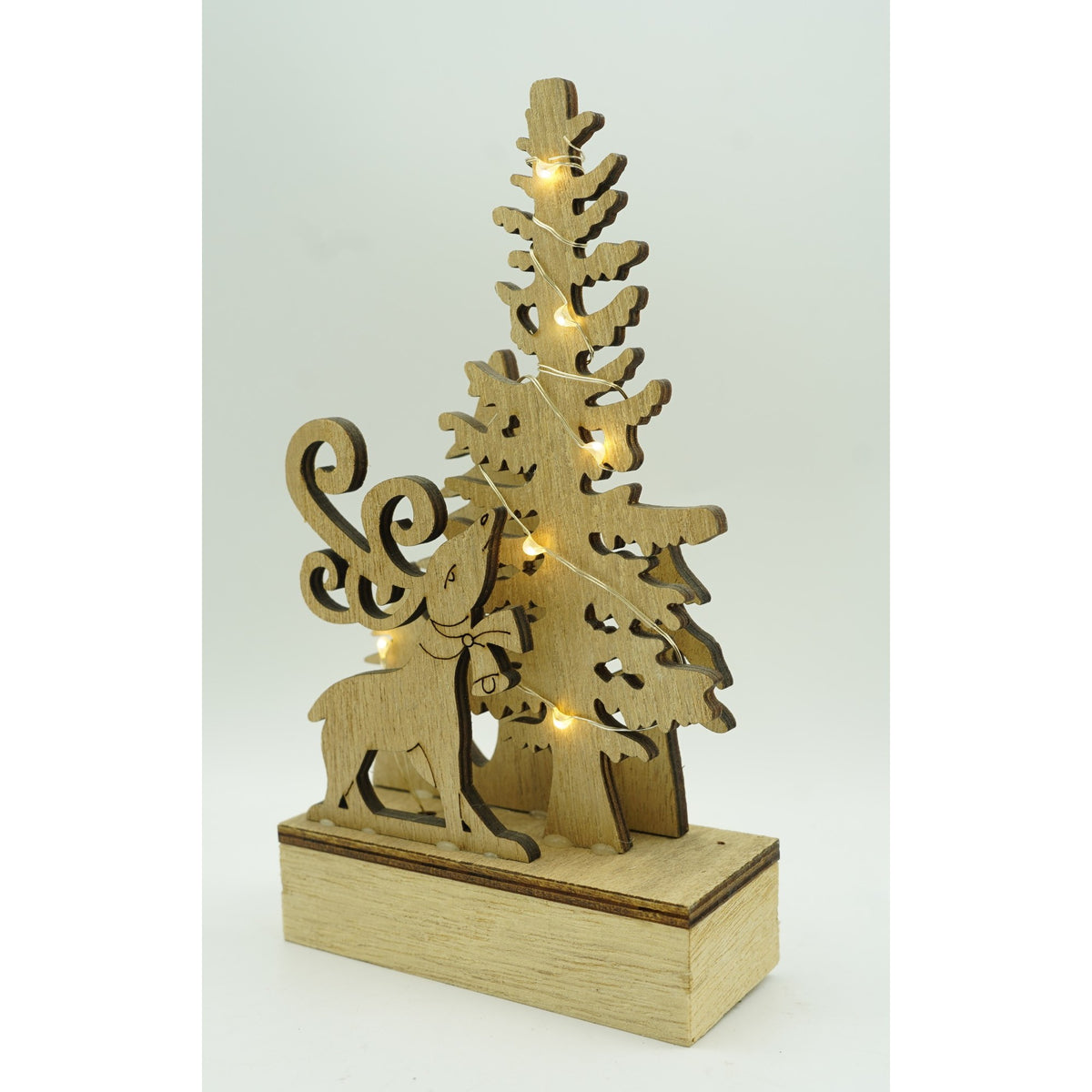 Decoratiune Luminoasa de Craciun, Peisaj de Iarna cu Cerb si Brad, Lemn Natural, 11 x 5 x 19 cm, Maro