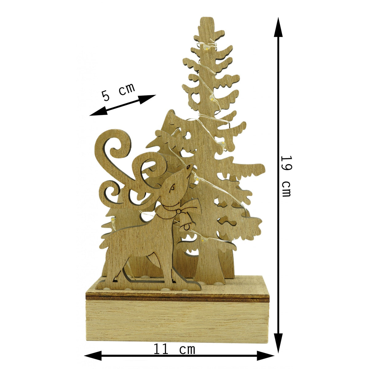 Decoratiune Luminoasa de Craciun, Peisaj de Iarna cu Cerb si Brad, Lemn Natural, 11 x 5 x 19 cm, Maro