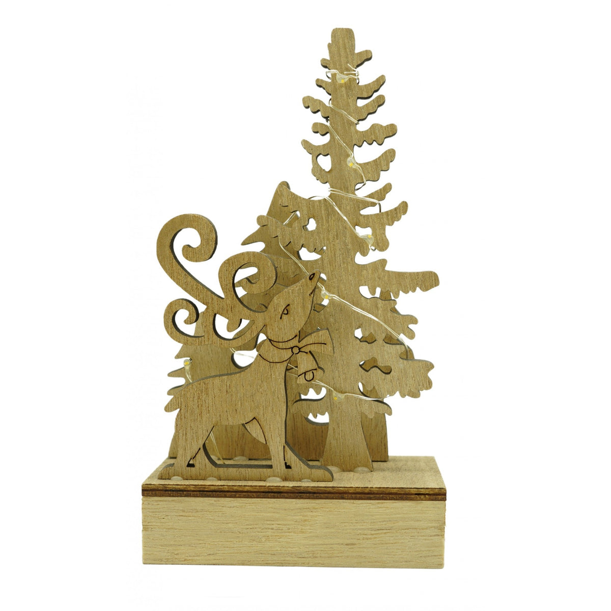 Decoratiune Luminoasa de Craciun, Peisaj de Iarna cu Cerb si Brad, Lemn Natural, 11 x 5 x 19 cm, Maro