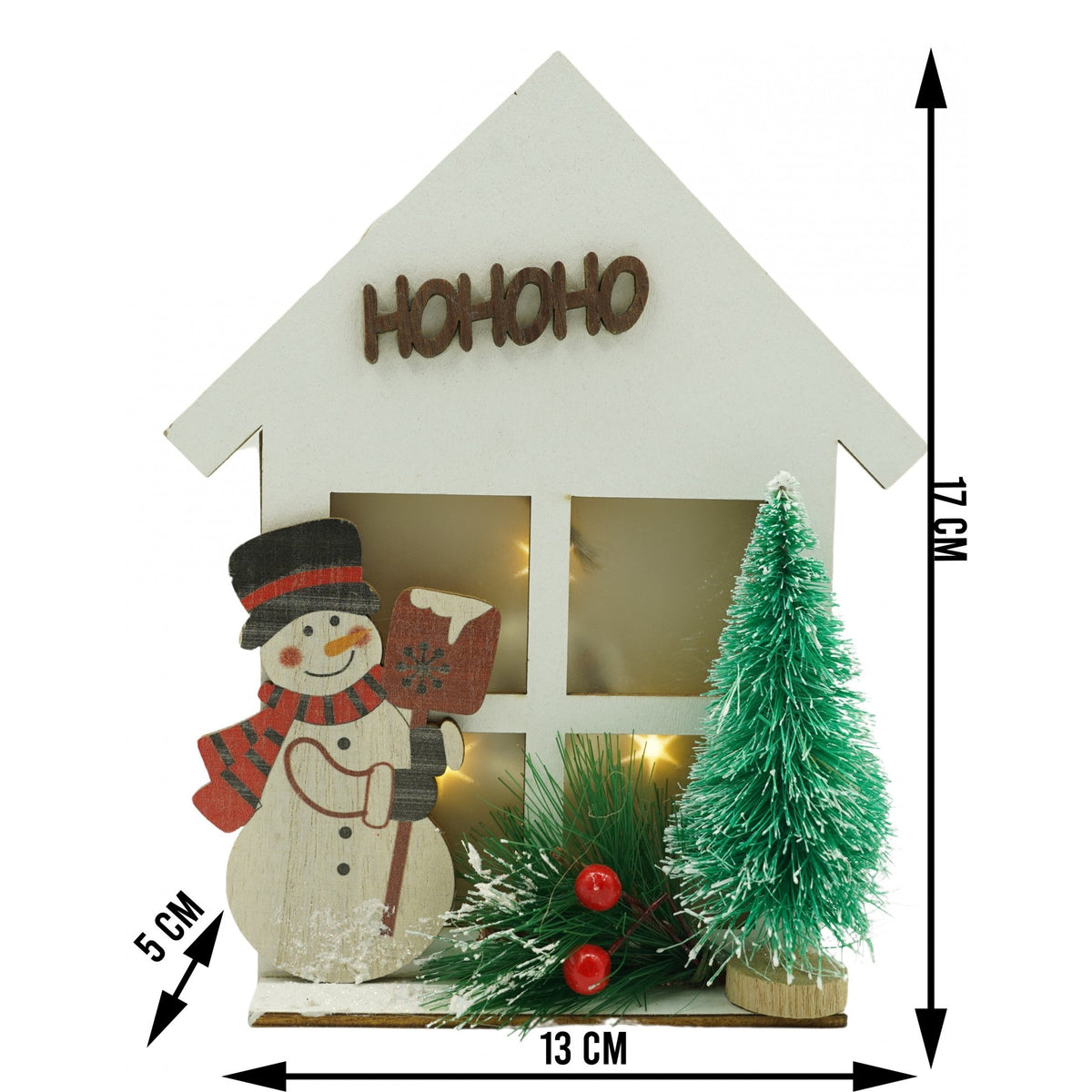 Decoratiune Craciun Om de Zapada cu Lumini LED, Figurina Festiva din Lemn, pentru Interior si Exterior, Alb, 17 x 13 x 5 cm