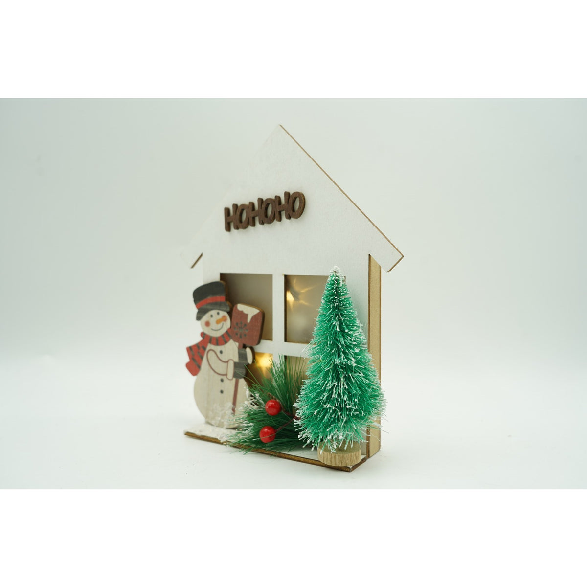 Decoratiune Craciun Om de Zapada cu Lumini LED, Figurina Festiva din Lemn, pentru Interior si Exterior, Alb, 17 x 13 x 5 cm