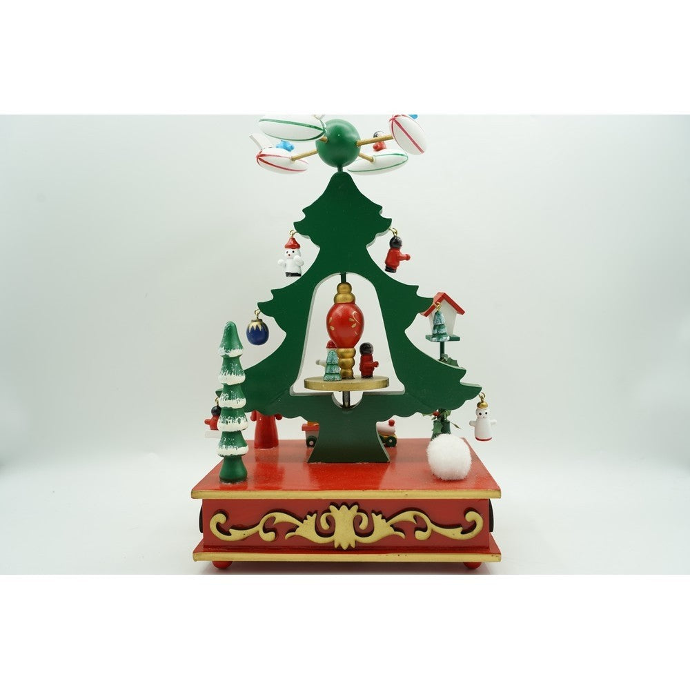 Cutiuta Muzicala de Craciun in Forma de Brad, Mecanism Rotativ, Decoratiune Festiva de Interior, Lemn, Verde, 17 x 27 cm