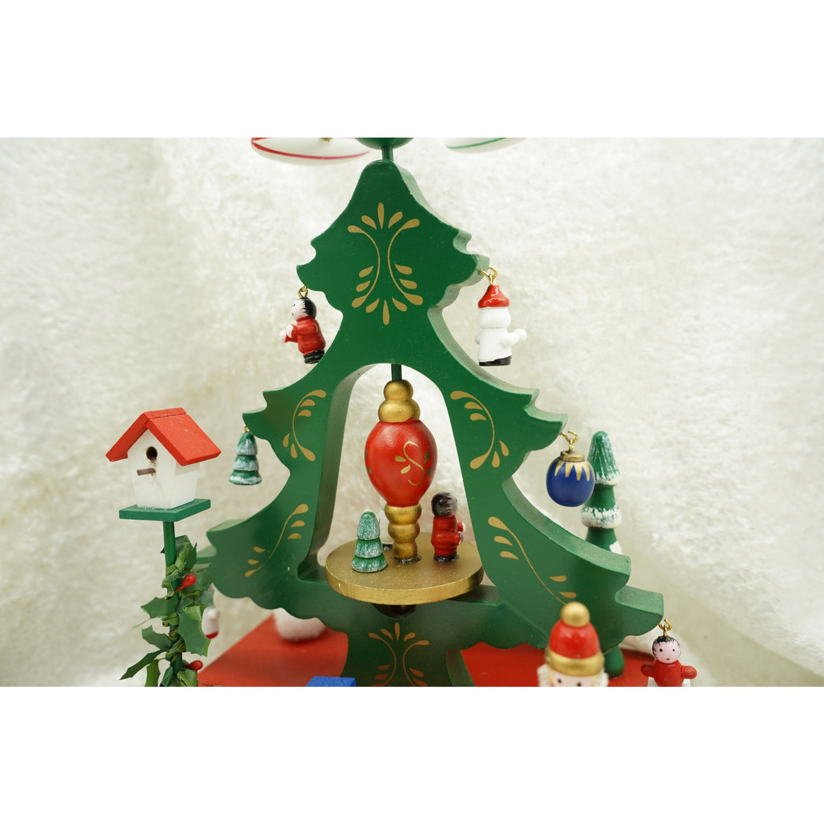 Cutiuta Muzicala de Craciun in Forma de Brad, Mecanism Rotativ, Decoratiune Festiva de Interior, Lemn, Verde, 17 x 27 cm