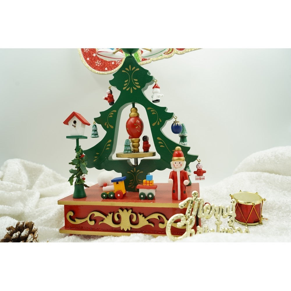 Cutiuta Muzicala de Craciun in Forma de Brad, Mecanism Rotativ, Decoratiune Festiva de Interior, Lemn, Verde, 17 x 27 cm