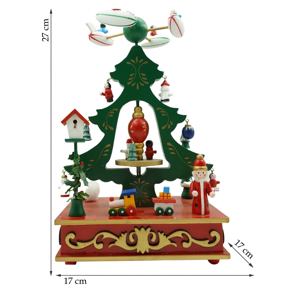 Cutiuta Muzicala de Craciun in Forma de Brad, Mecanism Rotativ, Decoratiune Festiva de Interior, Lemn, Verde, 17 x 27 cm
